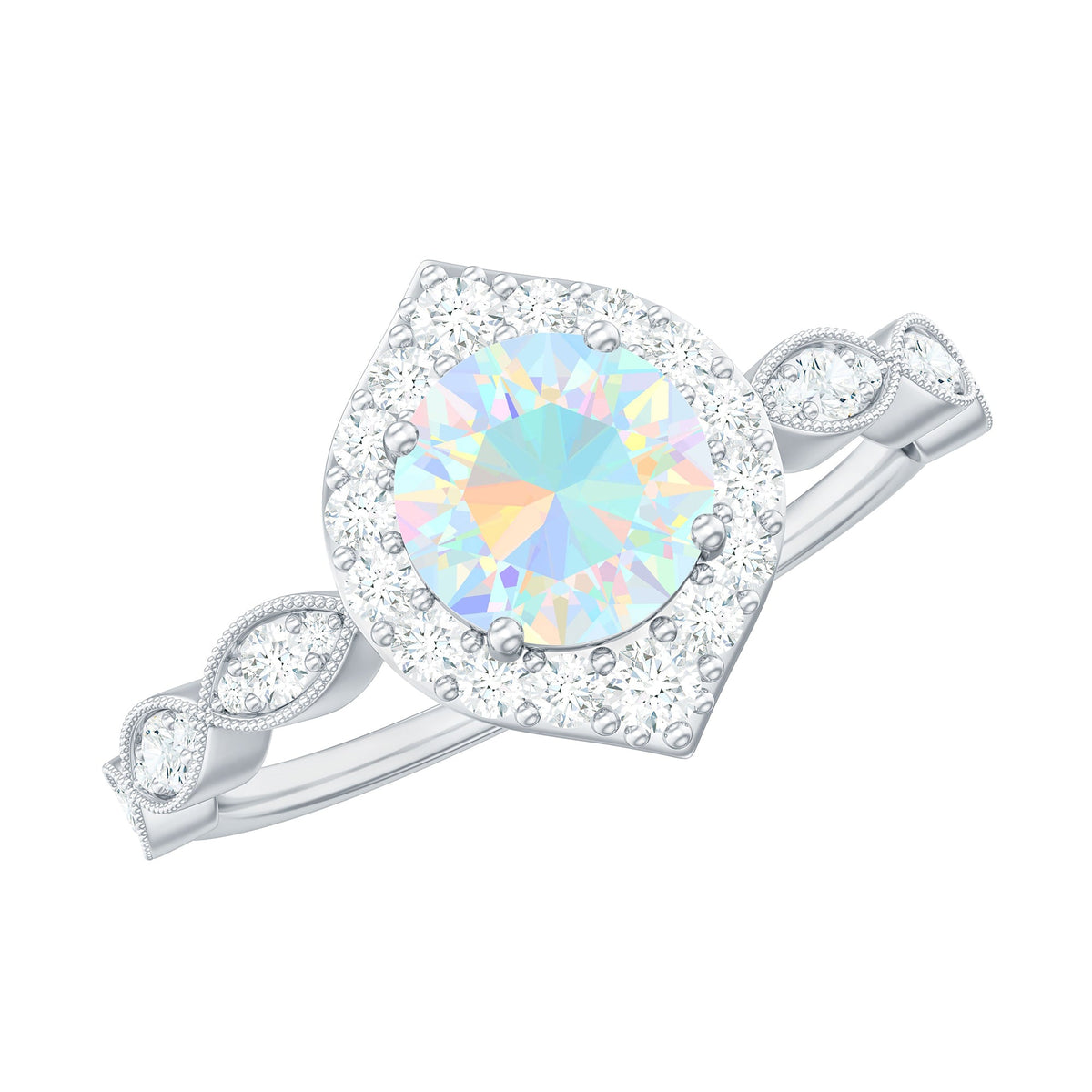 Vintage-looking Ethiopian Opal engagement ring with real diamond halo, featuring intricate metalwork and elegant design from Rosec Jewels.