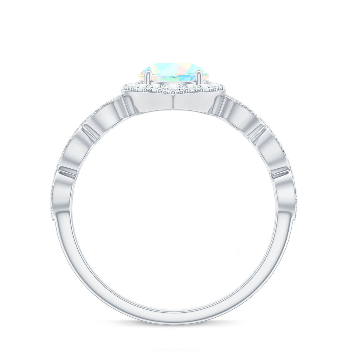 Vintage Ethiopian Opal engagement ring with diamond halo, featuring a rose gold band and intricate detailing.
