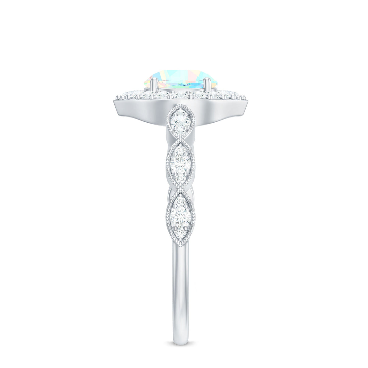 Vintage Ethiopian Opal engagement ring with real diamond halo from Rosec Jewels, featuring intricate metalwork and vibrant gemstone.