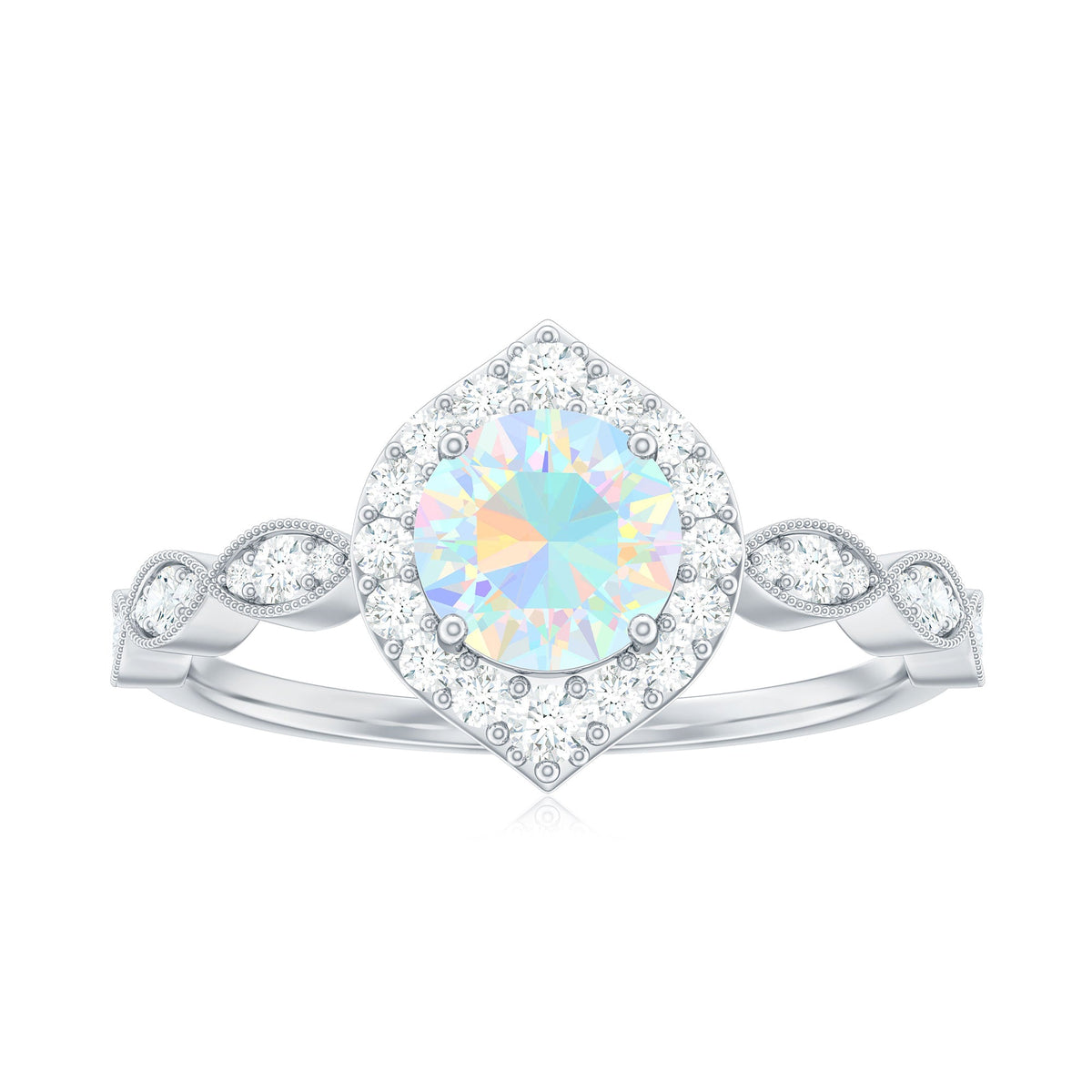 Vintage-style Ethiopian Opal engagement ring with real diamond halo, featuring intricate metalwork and elegant design from Rosec Jewels.