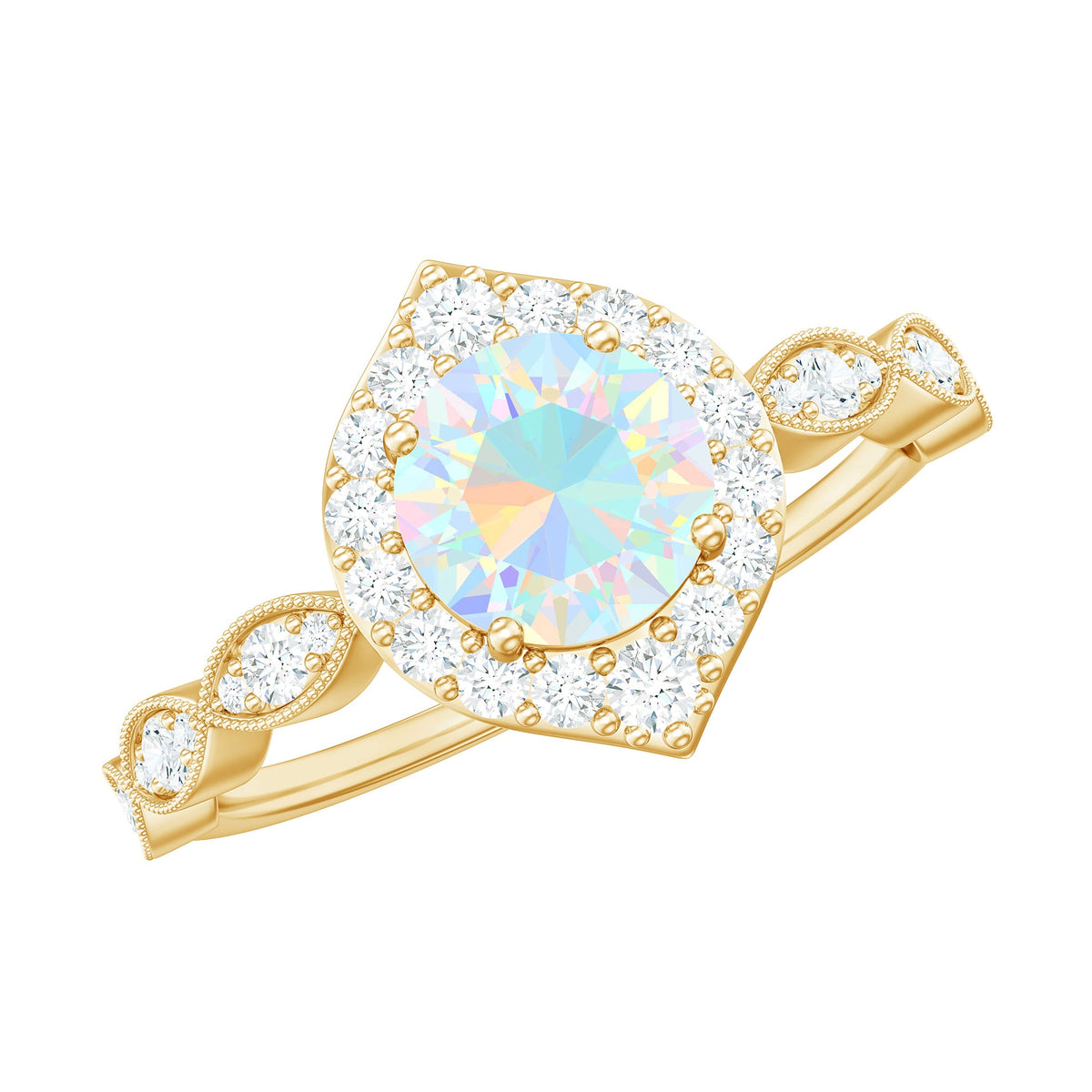 Vintage Ethiopian Opal engagement ring with real diamond halo, featuring intricate design and rose gold finish.