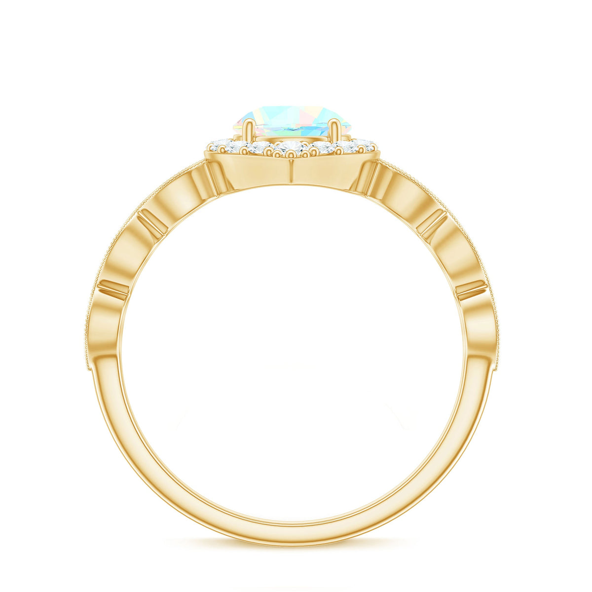 Vintage Ethiopian Opal engagement ring with real diamond halo from Rosec Jewels, showcasing a colorful opal centerpiece and sparkling diamonds.