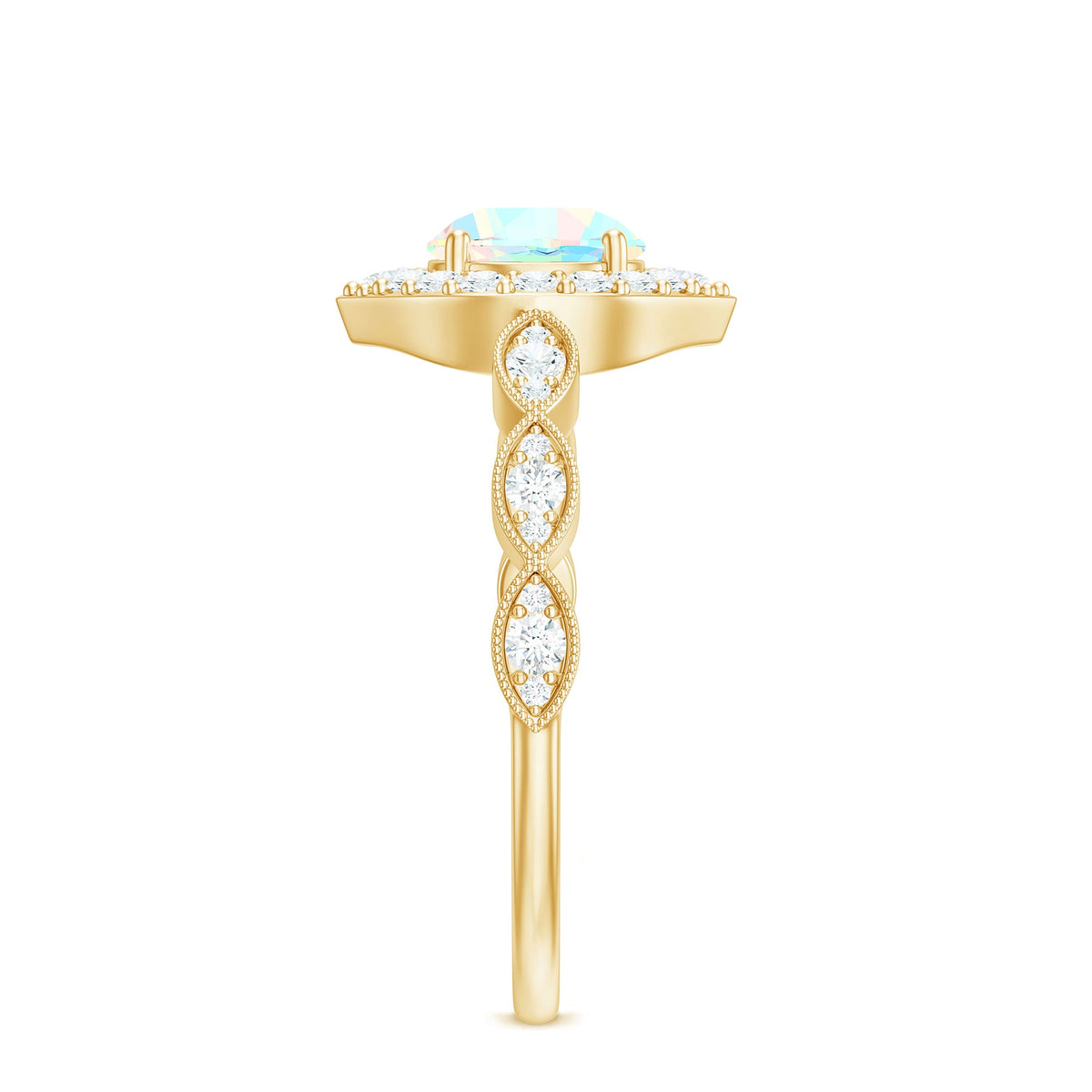 Vintage Ethiopian Opal engagement ring with real diamond halo, featuring intricate setting and Rosec Jewels branding.