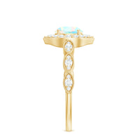 Vintage Ethiopian Opal engagement ring with real diamond halo, featuring intricate setting and Rosec Jewels branding.