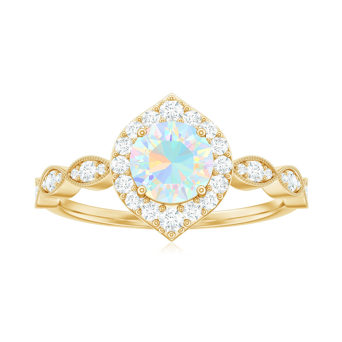 Vintage Ethiopian Opal engagement ring with real diamond halo, featuring intricate design and rose gold band from Rosec Jewels.