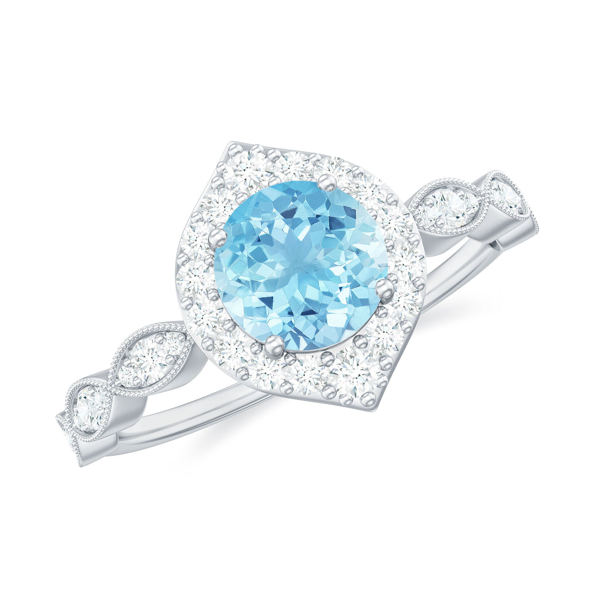 Elegant 0.8 carat aquamarine and diamond designer engagement ring by Rosec Jewels, showcasing the intricate setting and sparkling gemstones.