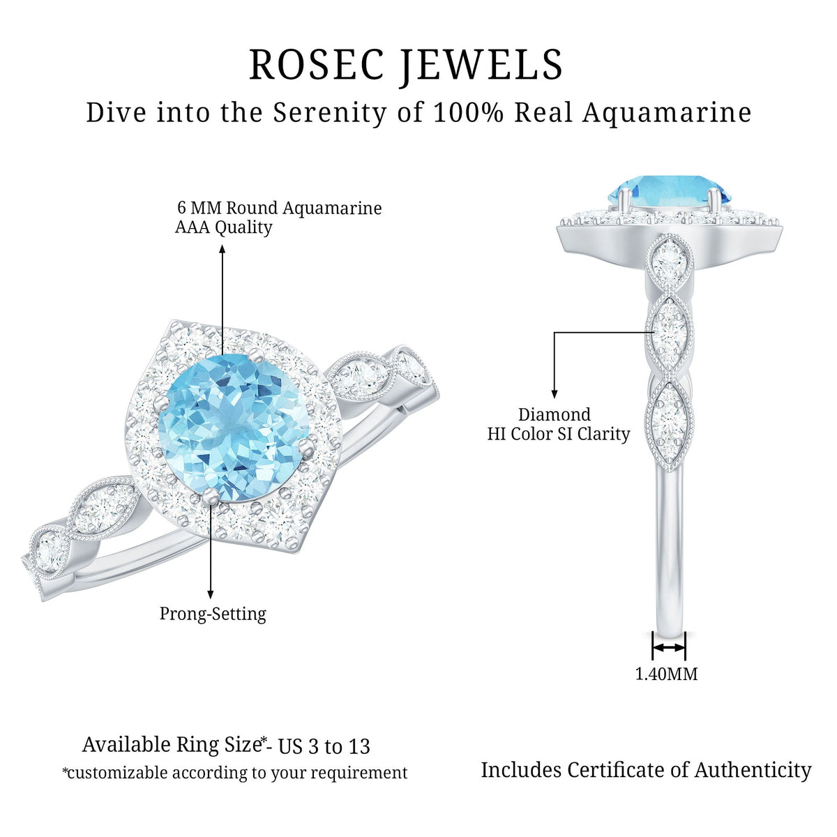 0.8 carat aquamarine and diamond designer engagement ring by Rosec Jewels featuring a sparkling center stone and intricate band design.