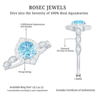 0.8 carat aquamarine and diamond designer engagement ring by Rosec Jewels featuring a sparkling center stone and intricate band design.