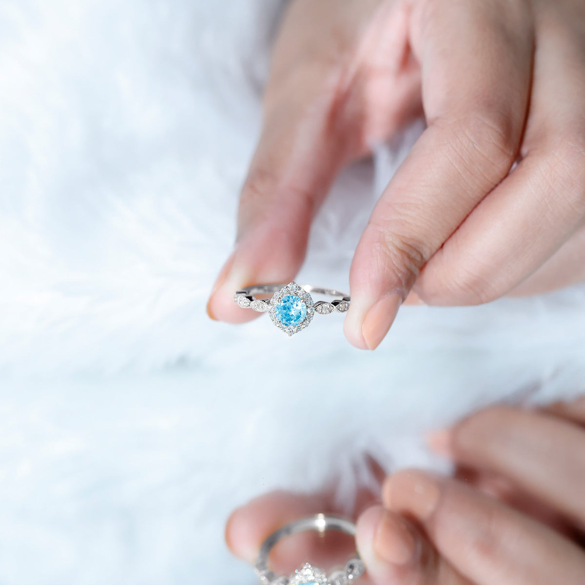 Rosec Jewels 0.8 carat aquamarine and diamond designer engagement ring with intricate band and sparkling gemstone details.