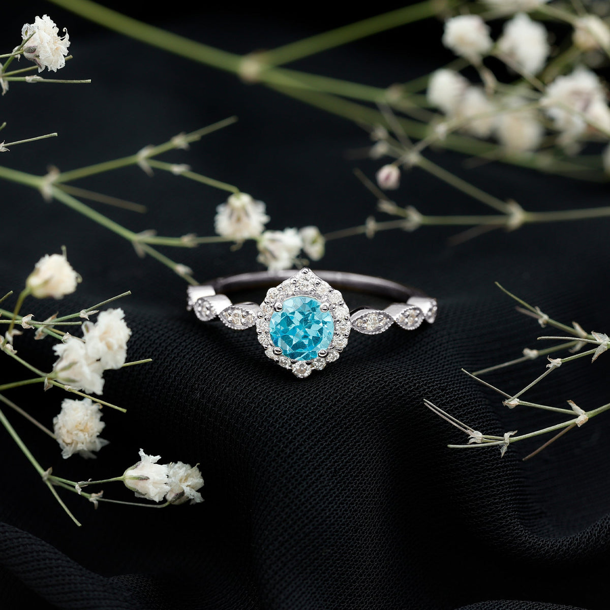 Rosec Jewels 0.8 carat aquamarine and diamond designer engagement ring with intricate band and sparkling gemstones.