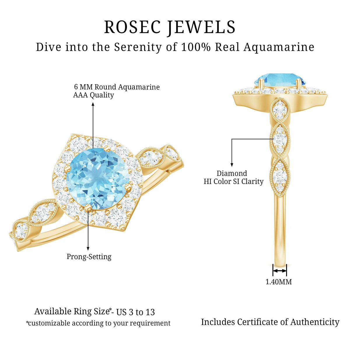 0.8 carat aquamarine and diamond designer engagement ring by Rosec Jewels featuring a detailed band and sparkling gemstones.