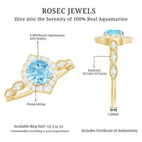0.8 carat aquamarine and diamond designer engagement ring by Rosec Jewels featuring a detailed band and sparkling gemstones.