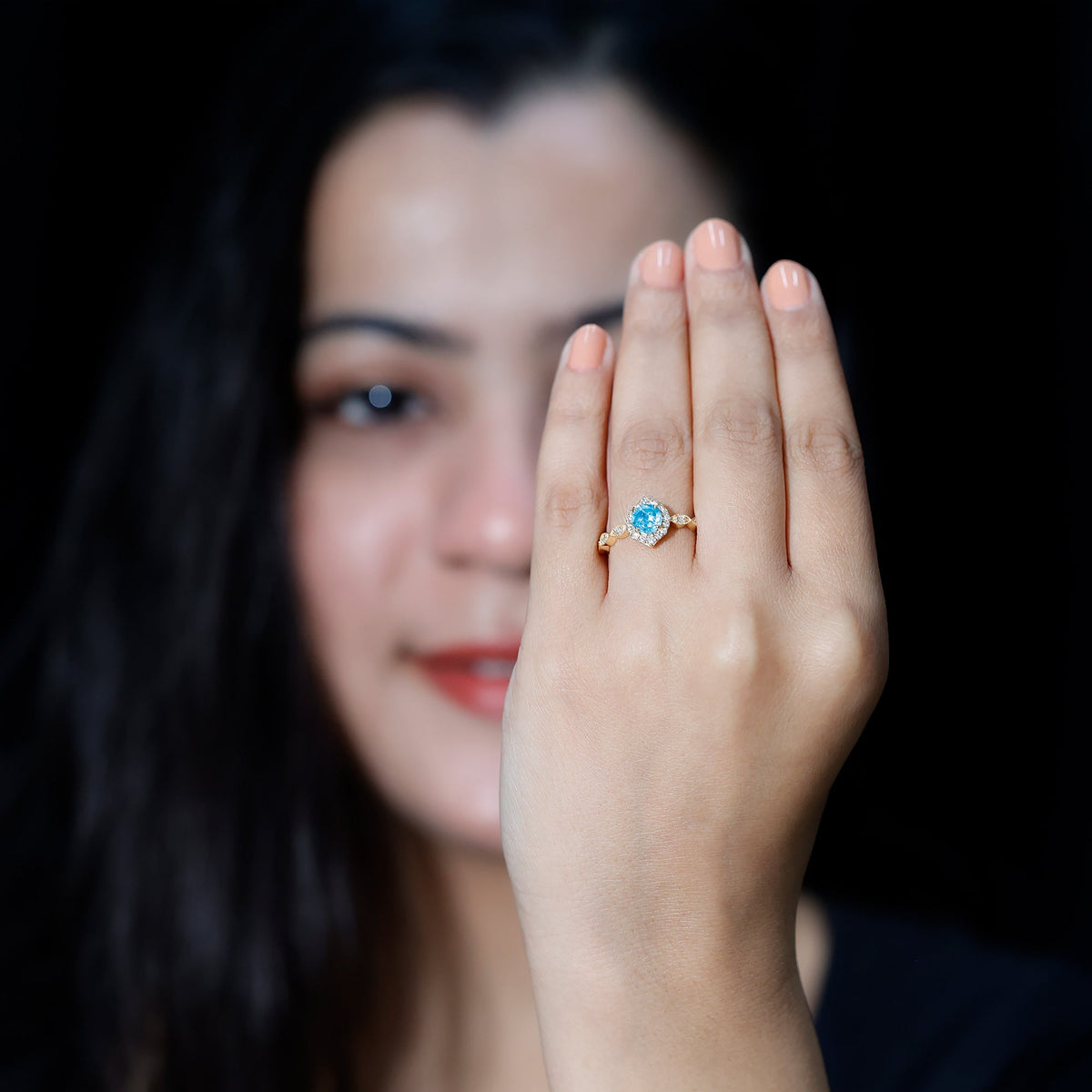 0.8 carat aquamarine and diamond designer engagement ring with intricate band detail, crafted by Rosec Jewels.