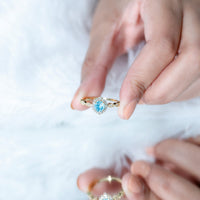 Elegant 0.8 carat aquamarine and diamond designer engagement ring by Rosec Jewels showing the detailed gemstone setting and band design.