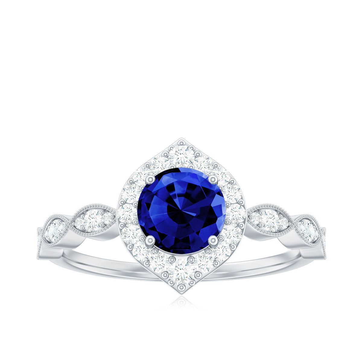 Vintage Inspired 1 Carat Lab Grown Blue Sapphire Engagement Ring with Diamond Halo