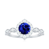 Vintage Inspired 1 Carat Lab Grown Blue Sapphire Engagement Ring with Diamond Halo