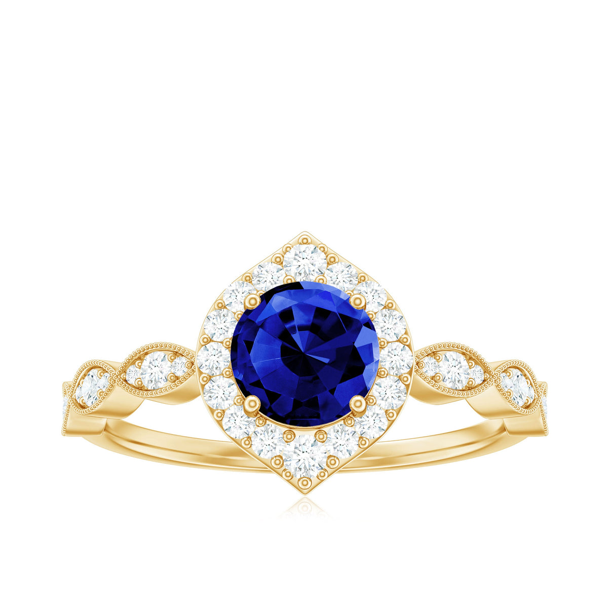 Vintage Inspired 1 Carat Lab Grown Blue Sapphire Engagement Ring with Diamond Halo