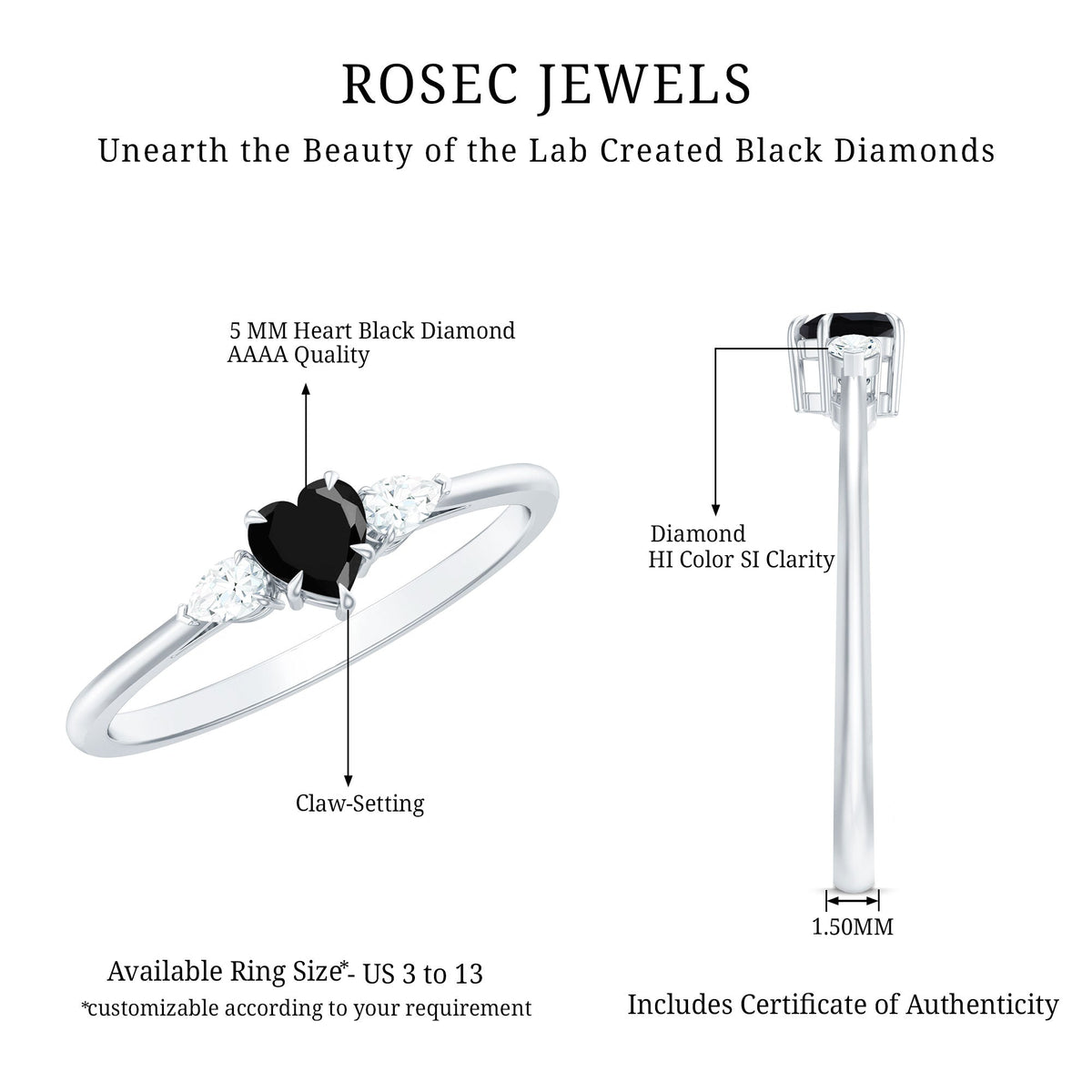 Certified Lab Grown Black Diamond Heart Promise Ring with White Diamond