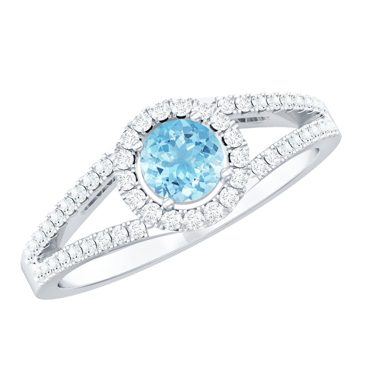 Rosec Jewels 0.8 carat aquamarine and diamond split shank engagement ring for women, featuring elegant gemstone and sparkling accents.