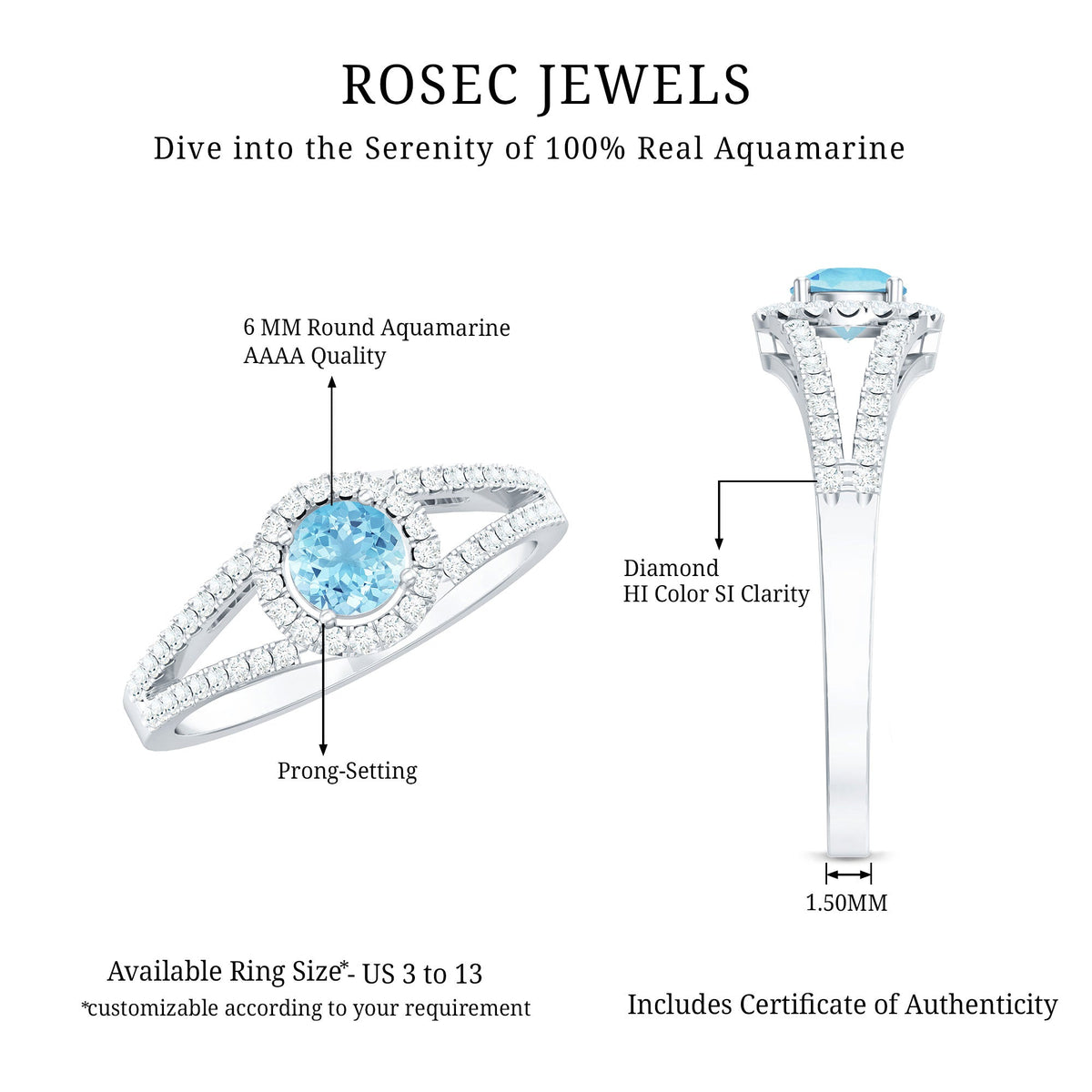 0.8 carat aquamarine and diamond split shank engagement ring for women by Rosec Jewels, featuring a sparkling center stone.