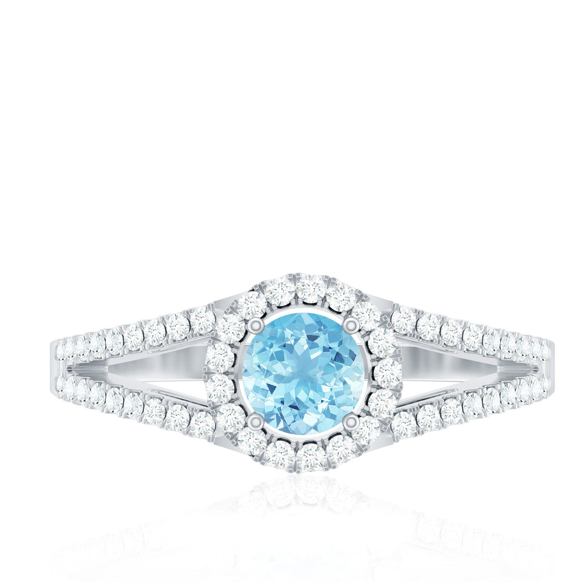 Elegant 0.8 carat aquamarine and diamond split shank engagement ring for women by Rosec Jewels, showcasing sparkling gemstones and intricate design.