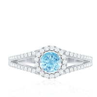 Elegant 0.8 carat aquamarine and diamond split shank engagement ring for women by Rosec Jewels, showcasing sparkling gemstones and intricate design.