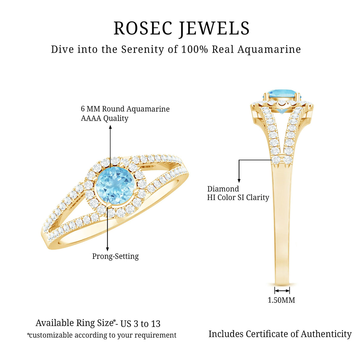 Rosec Jewels 0.8 carat aquamarine and diamond split shank engagement ring for women, featuring a sparkling center stone and elegant design.