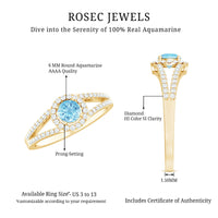 Rosec Jewels 0.8 carat aquamarine and diamond split shank engagement ring for women, featuring a sparkling center stone and elegant design.