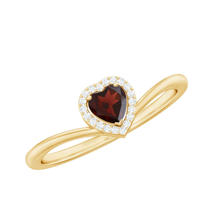 Certified real garnet heart promise ring with diamond halo from Rosec Jewels, featuring a deep red garnet and sparkling diamond accents.