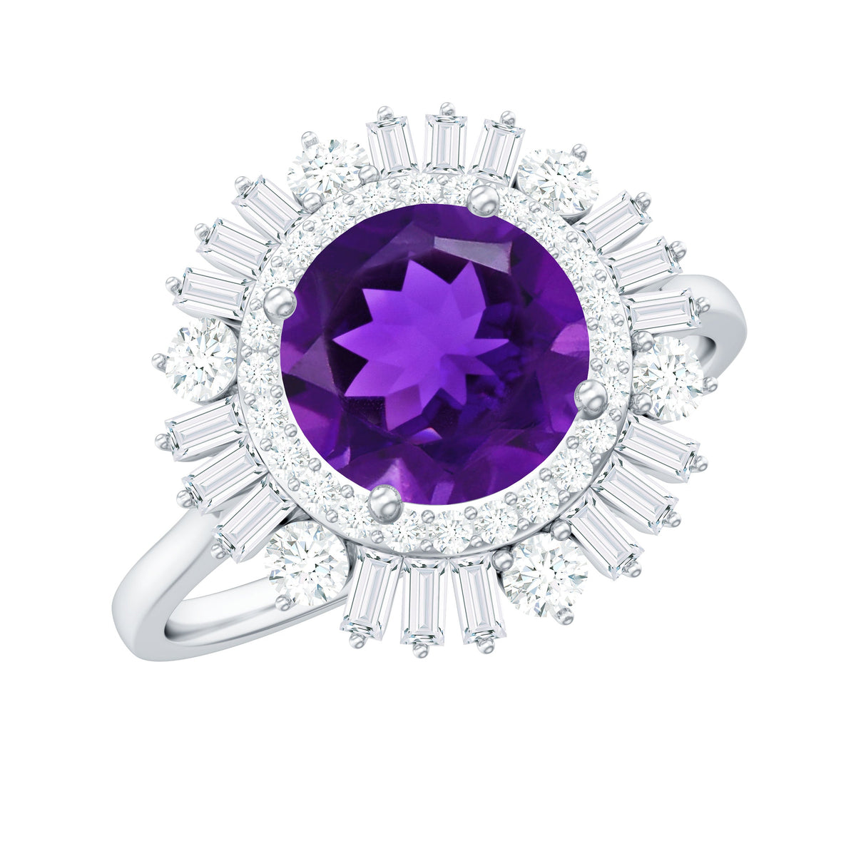 Natural 1.2 carat amethyst statement engagement ring with moissanite double halo by Rosec Jewels, featuring intricate silver band.