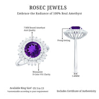 Natural 1.2 Carat Amethyst engagement ring with moissanite double halo, showcasing elegant rose gold band and intricate design.