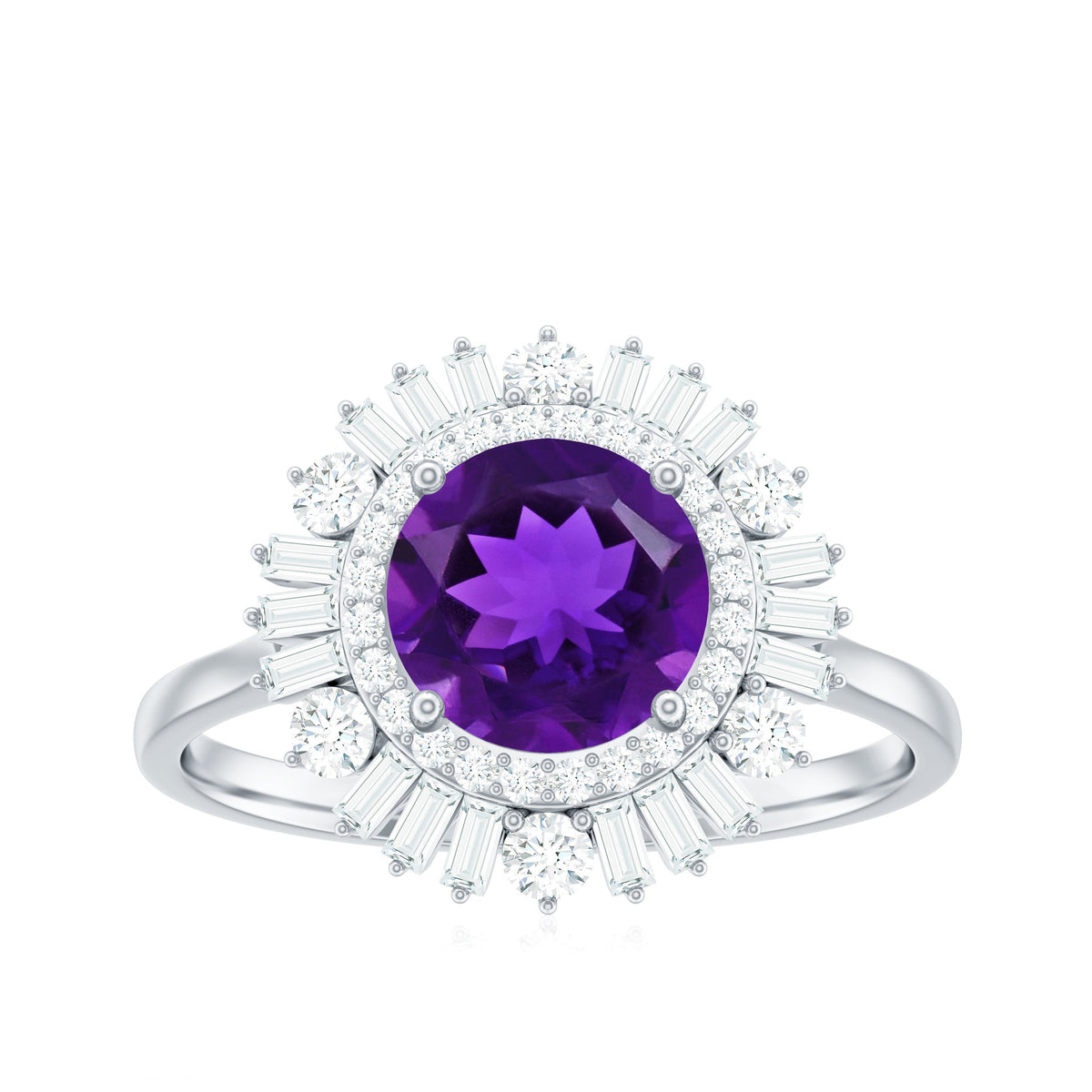 Natural 1.2 Carat Amethyst engagement ring with Moissanite double halo by Rosec Jewels, featuring a stunning purple gemstone and intricate design.
