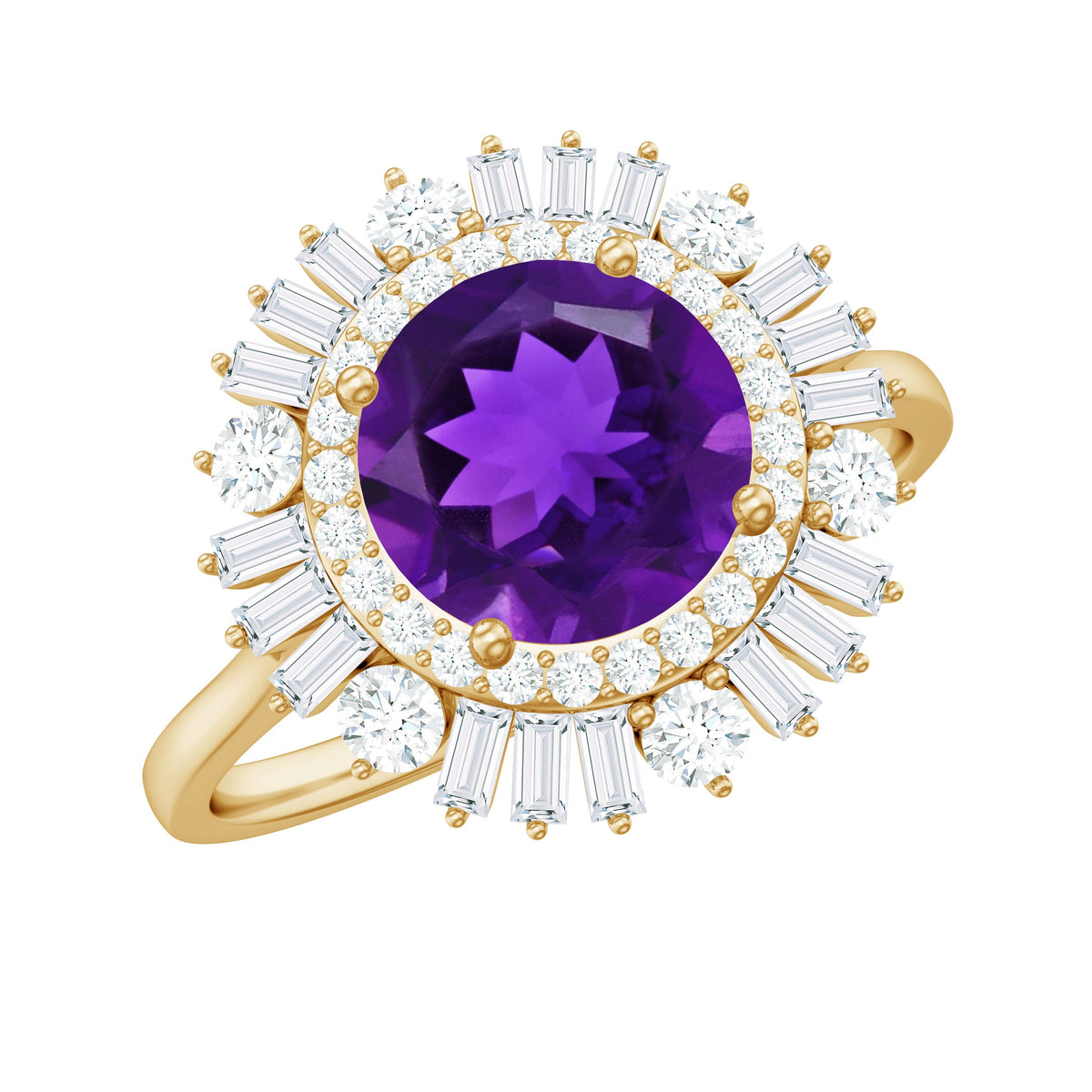 Natural 1.2 Carat Amethyst engagement ring with moissanite double halo, rose gold band, from Rosec Jewels.