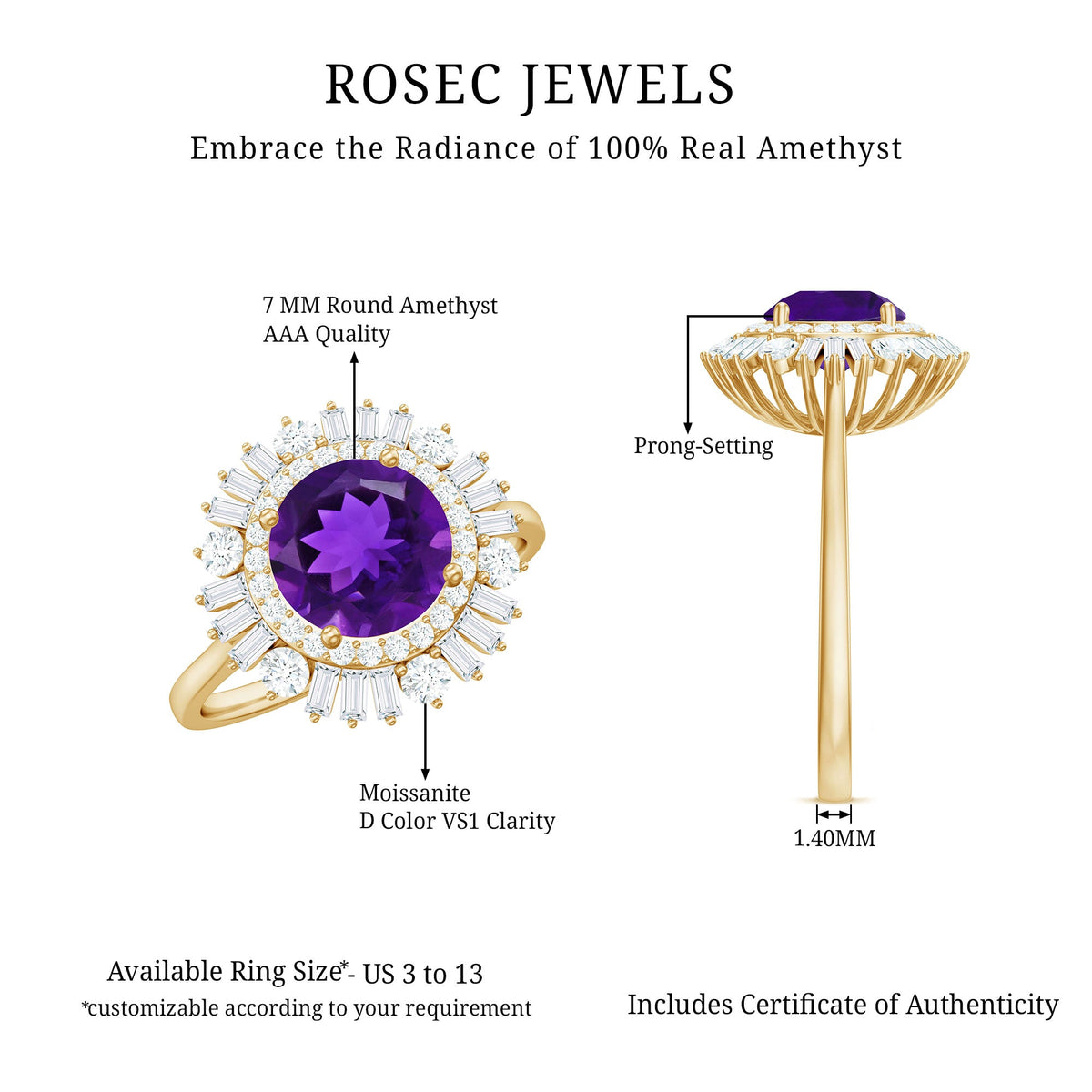 Natural 1.2 Carat Amethyst engagement ring by Rosec Jewels with a double halo of Moissanite stones, showcasing a stunning statement design.