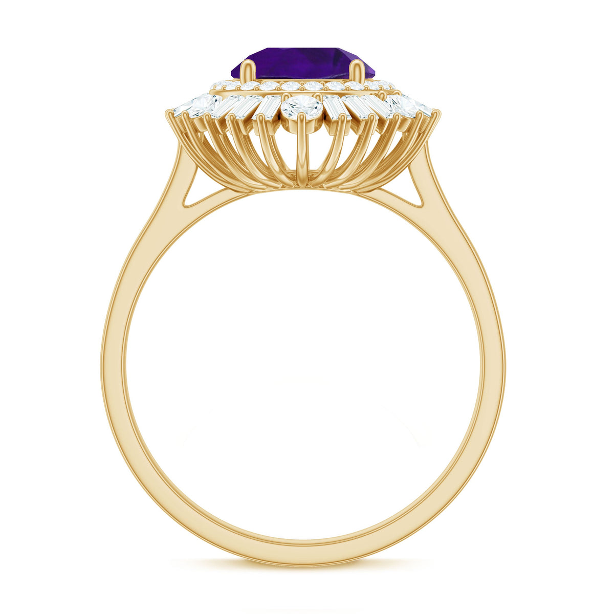 Natural 1.2 Carat Amethyst engagement ring with moissanite double halo, showcasing a elegant purple gemstone and intricate band design.