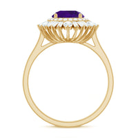 Natural 1.2 Carat Amethyst engagement ring with moissanite double halo, showcasing a elegant purple gemstone and intricate band design.