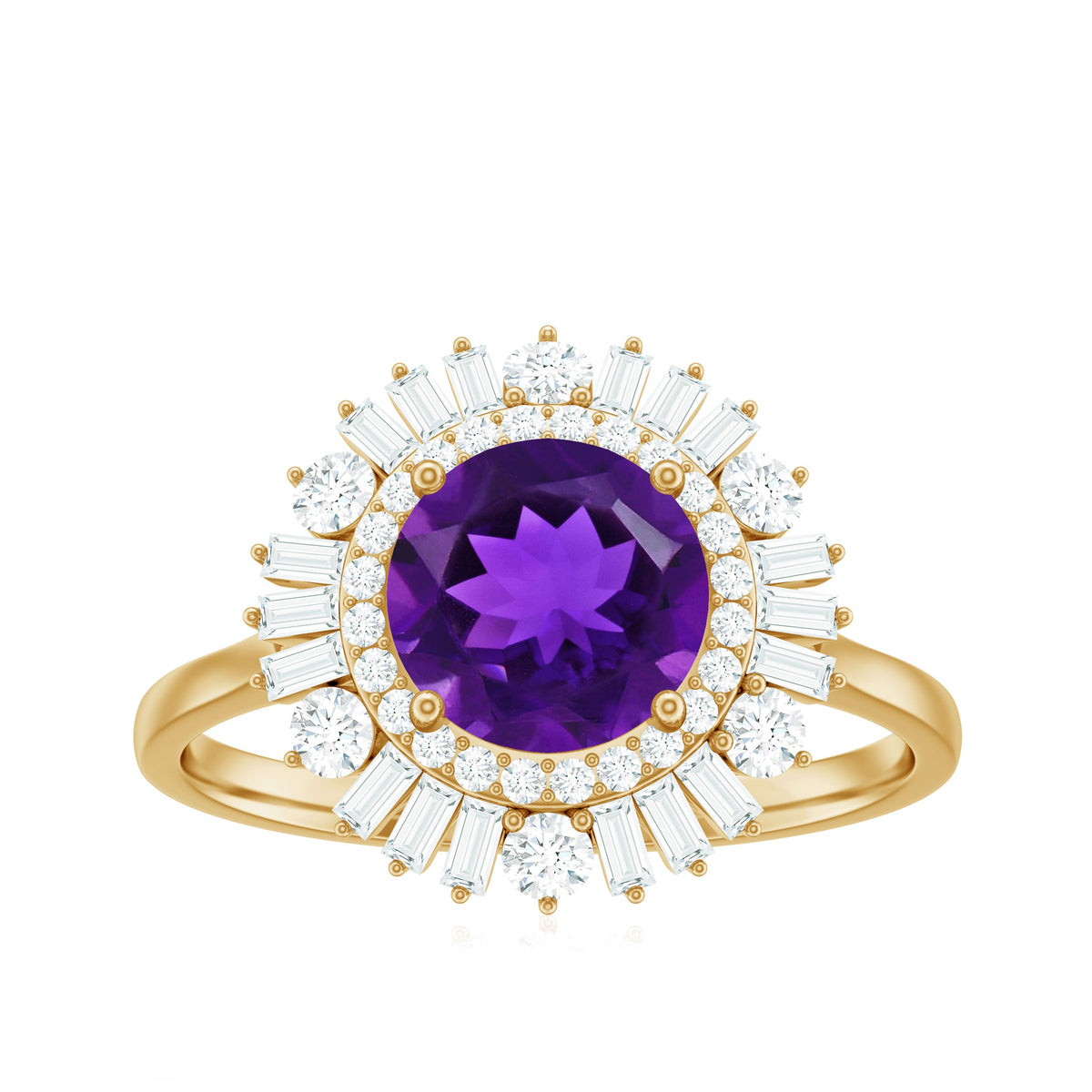 Natural 1.2 Carat Amethyst engagement ring with Moissanite double halo, featuring intricate silver band design, by Rosec Jewels.