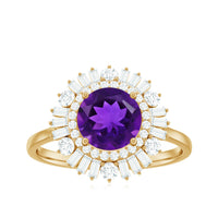 Natural 1.2 Carat Amethyst engagement ring with Moissanite double halo, featuring intricate silver band design, by Rosec Jewels.