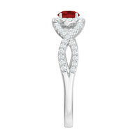 Criss Cross Shank Created Ruby and Diamond Halo Engagement Ring