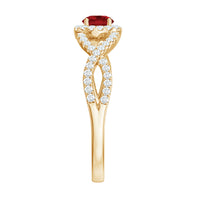 Criss Cross Shank Created Ruby and Diamond Halo Engagement Ring