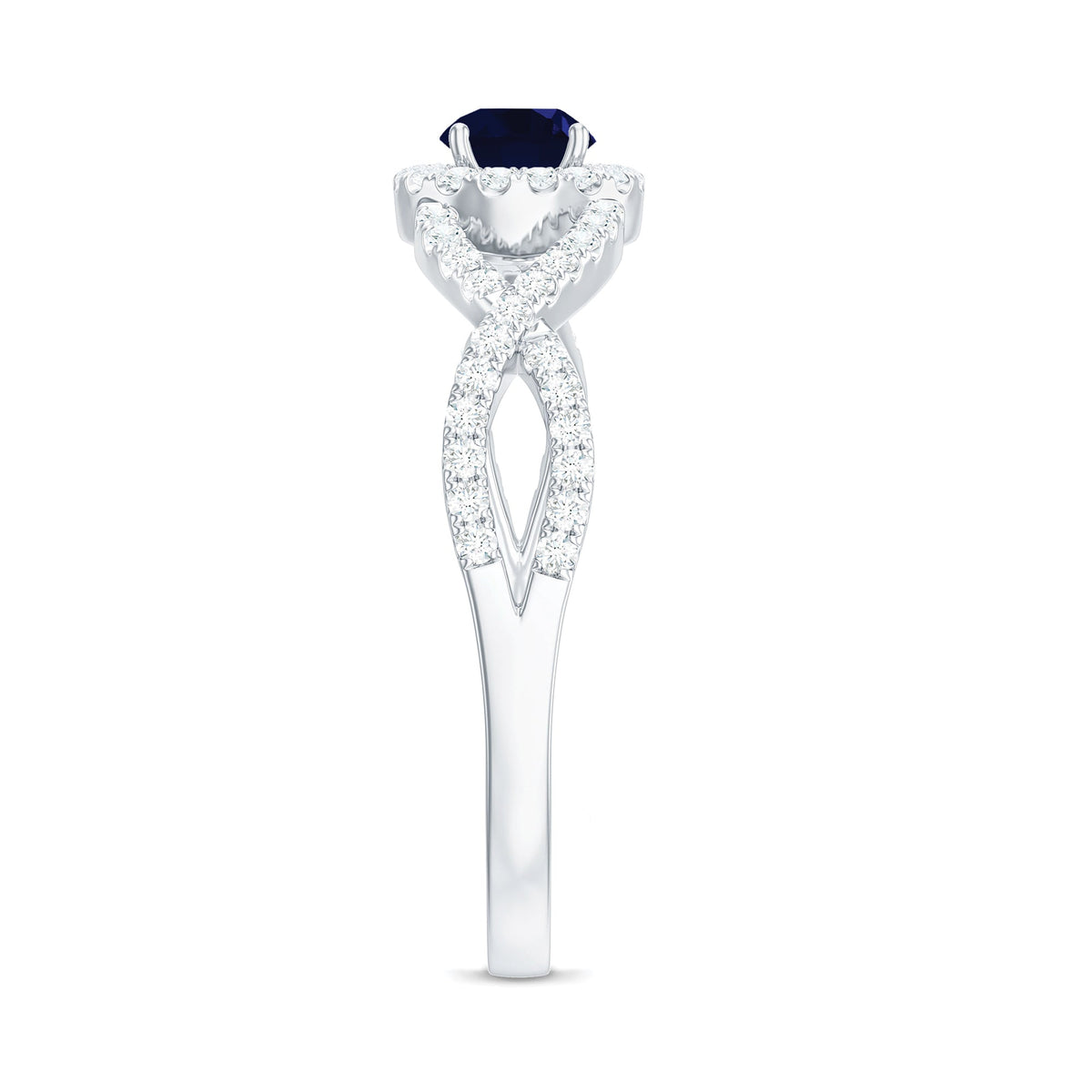 Criss cross shank blue sapphire and diamond halo engagement ring by Rosec Jewels, showcasing detailed design and sparkling gemstones.