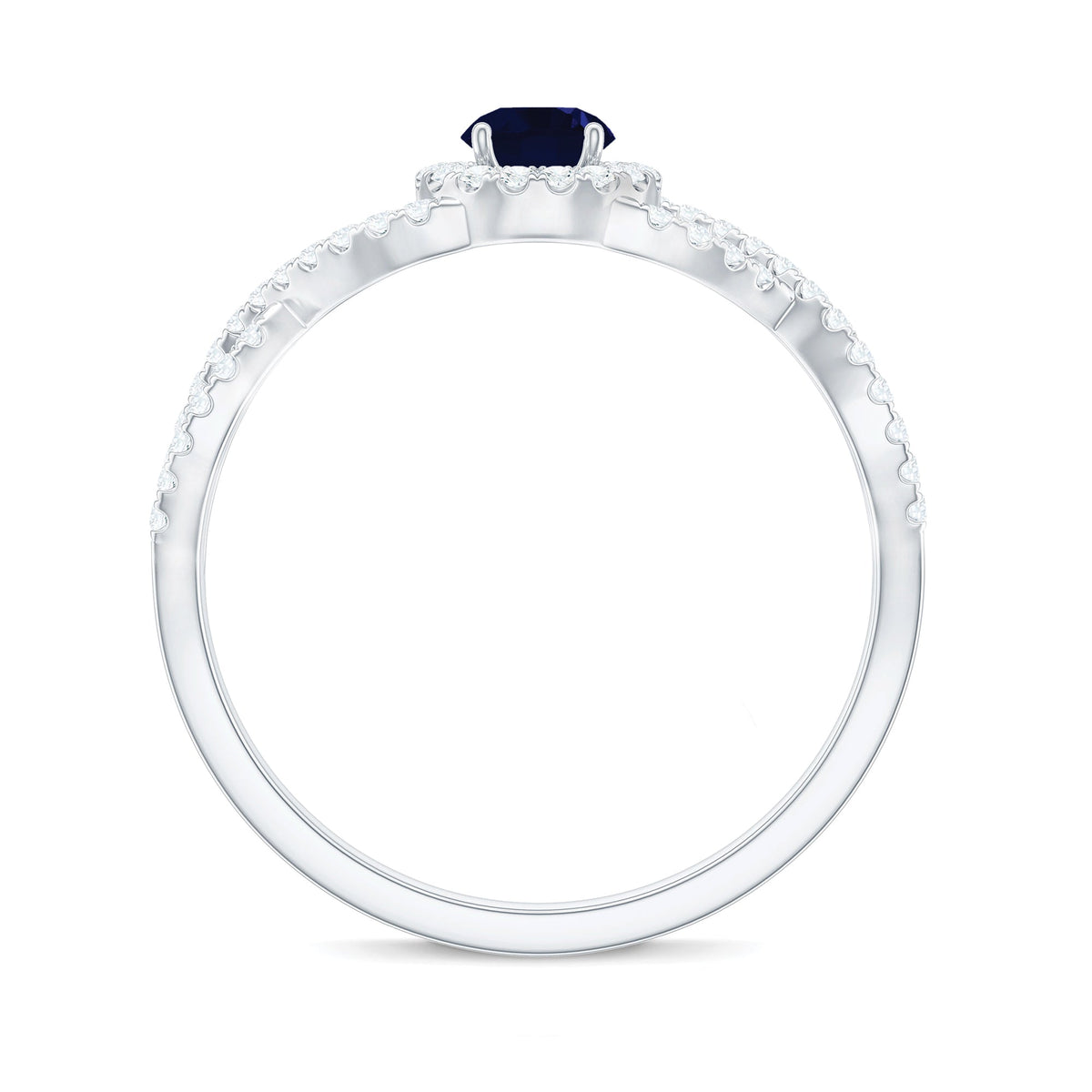 Criss cross shank blue sapphire and diamond halo engagement ring by Rosec Jewels featuring layered design and sparkling gemstones.