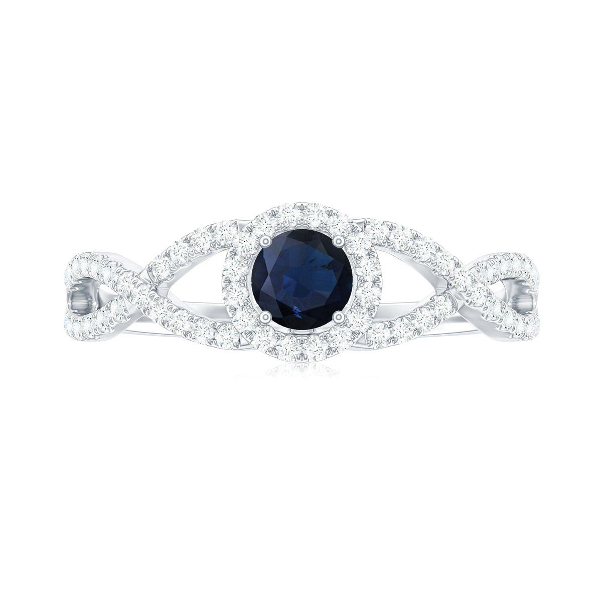 Criss cross shank blue sapphire and diamond halo engagement ring by Rosec Jewels, featuring a central sapphire with surrounding diamonds.