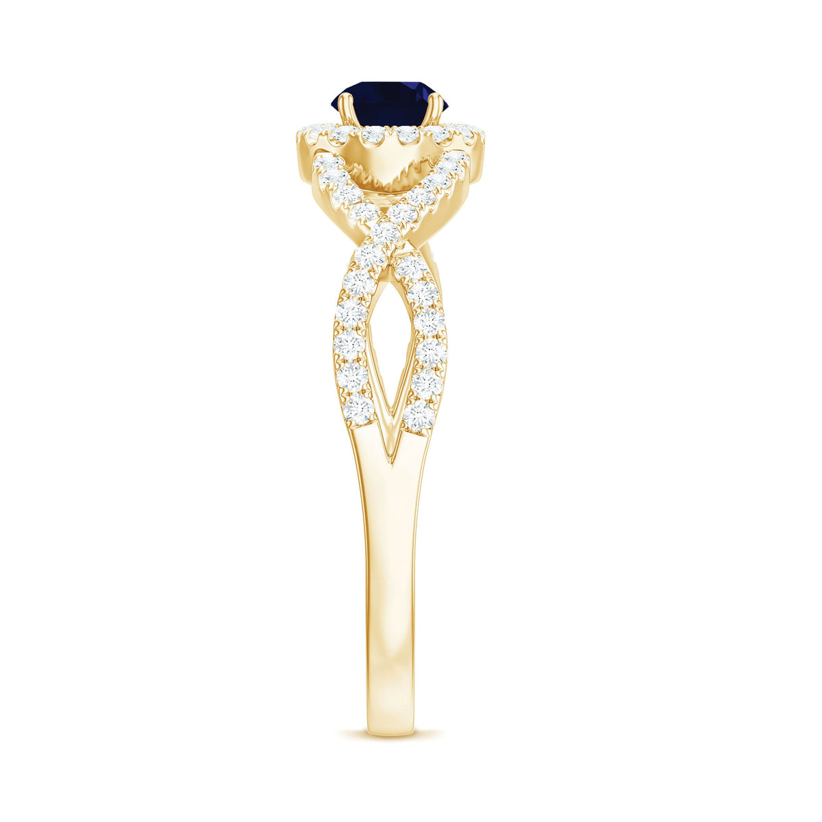 Criss cross shank blue sapphire and diamond halo engagement ring by Rosec Jewels, featuring a central sapphire with surrounding diamonds.