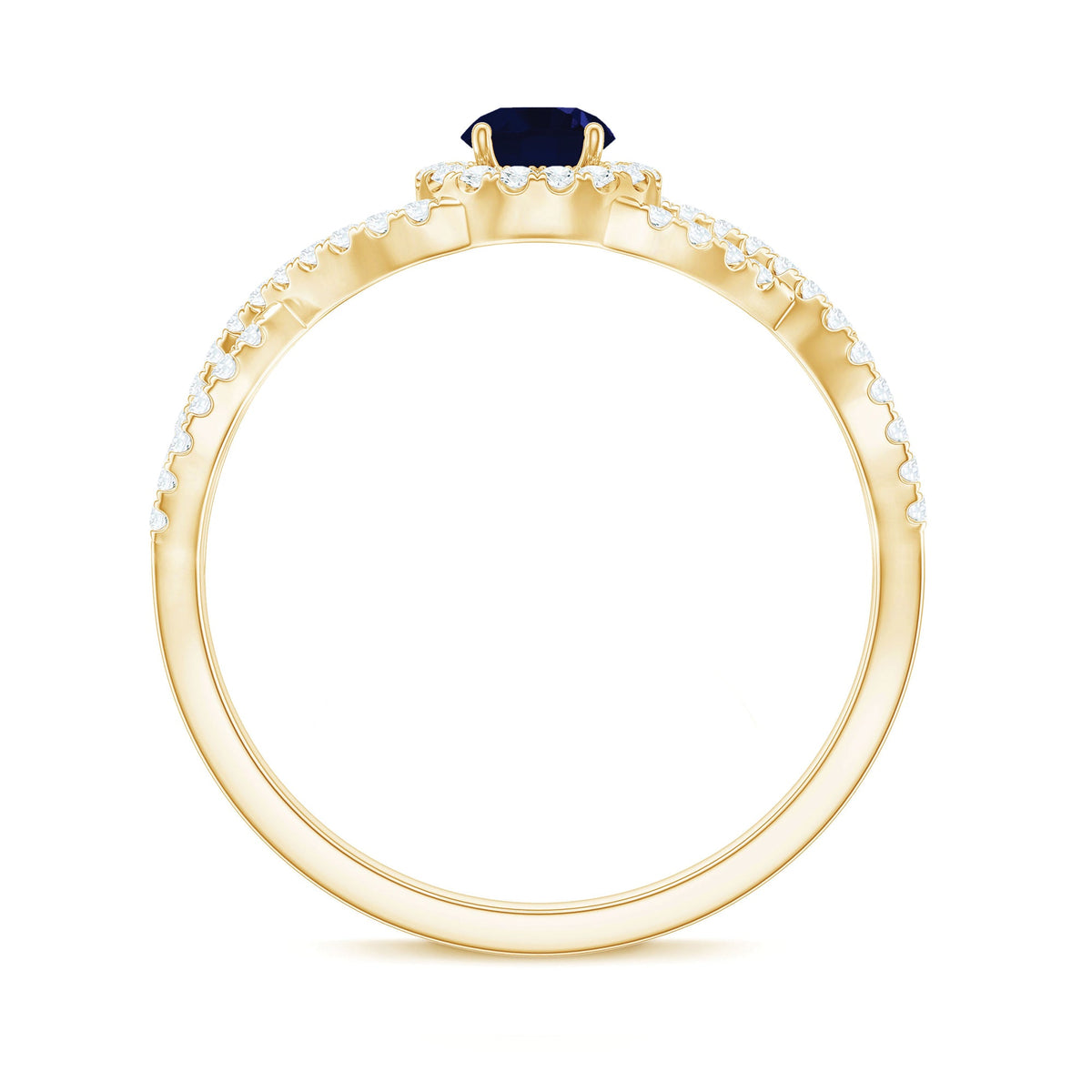 Rosec Jewels criss cross shank blue sapphire and diamond halo engagement ring showcasing a sparkling central sapphire and elegant design.