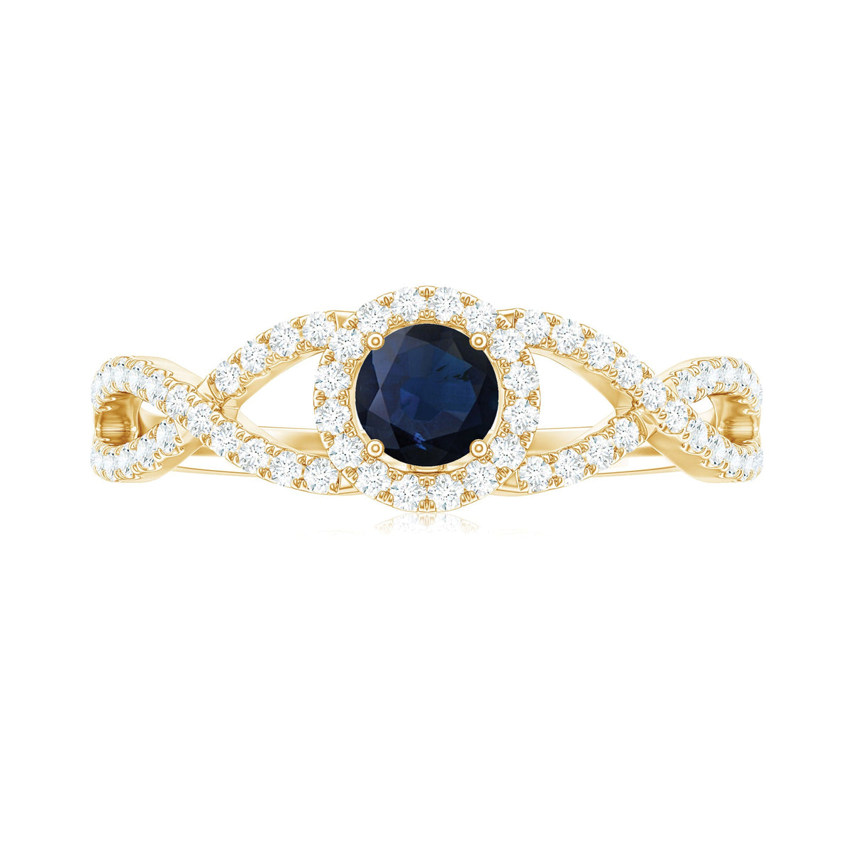 Blue sapphire and diamond halo engagement ring with criss-cross shank by Rosec Jewels, showcasing intricate detailing and sparkling stones.