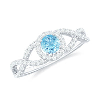 Real Aquamarine Criss Cross Engagement Ring with Diamond Halo