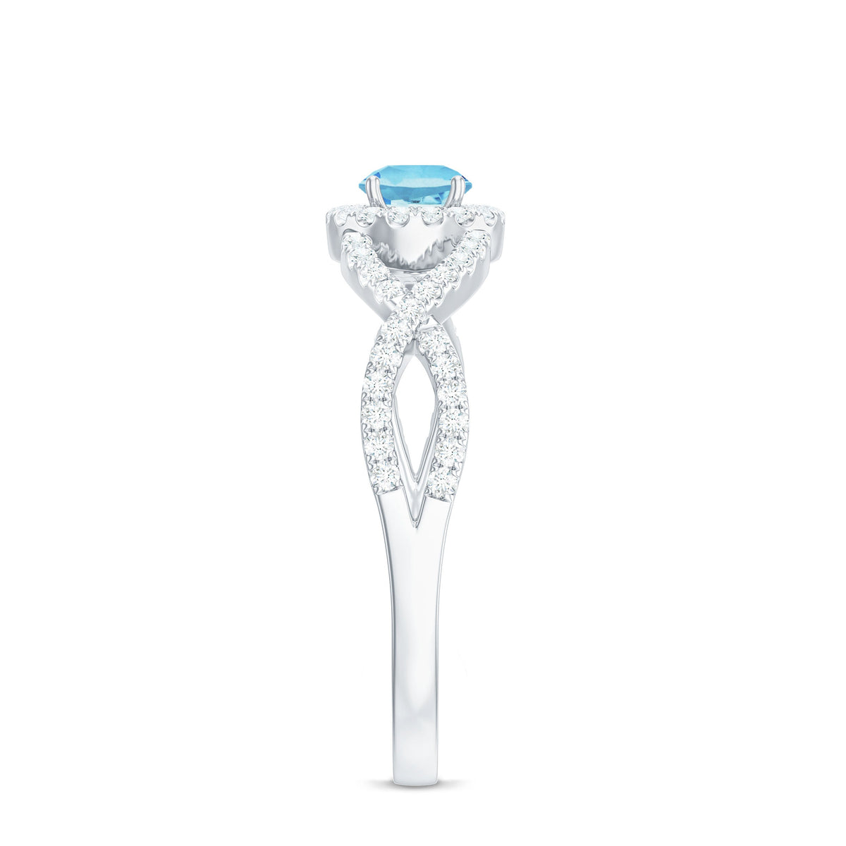 Real Aquamarine Criss Cross Engagement Ring with Diamond Halo