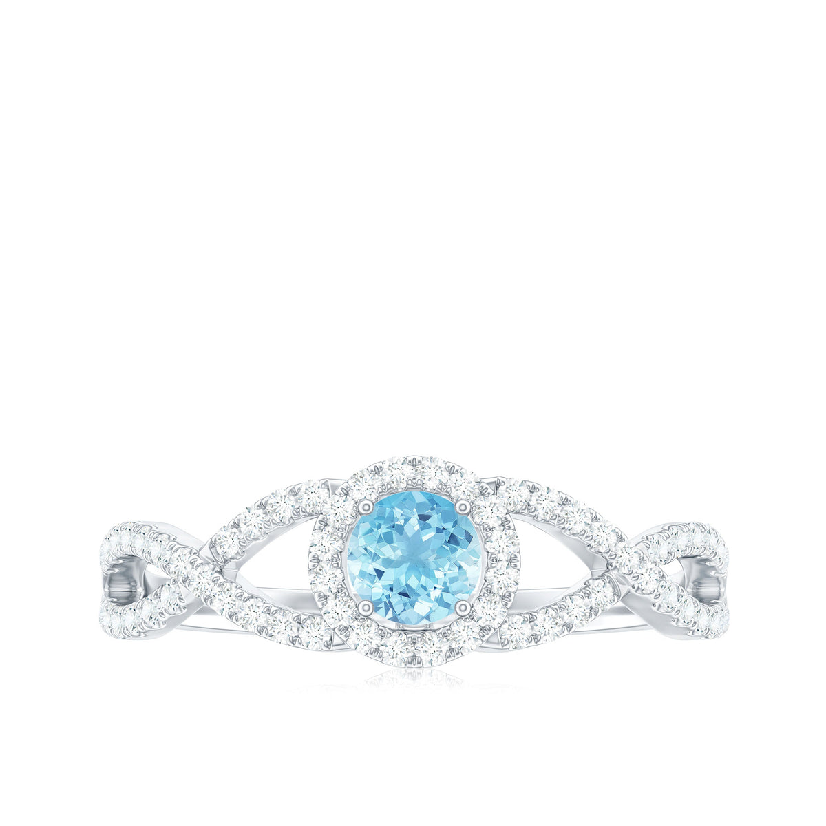 Real Aquamarine Criss Cross Engagement Ring with Diamond Halo