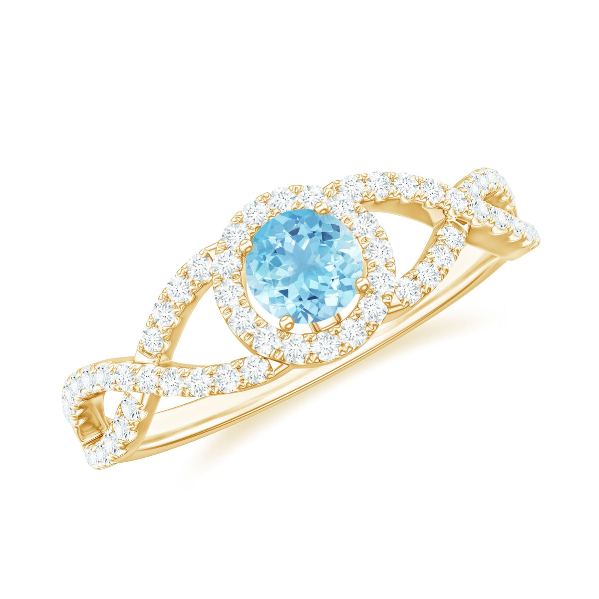 Real Aquamarine Criss Cross Engagement Ring with Diamond Halo